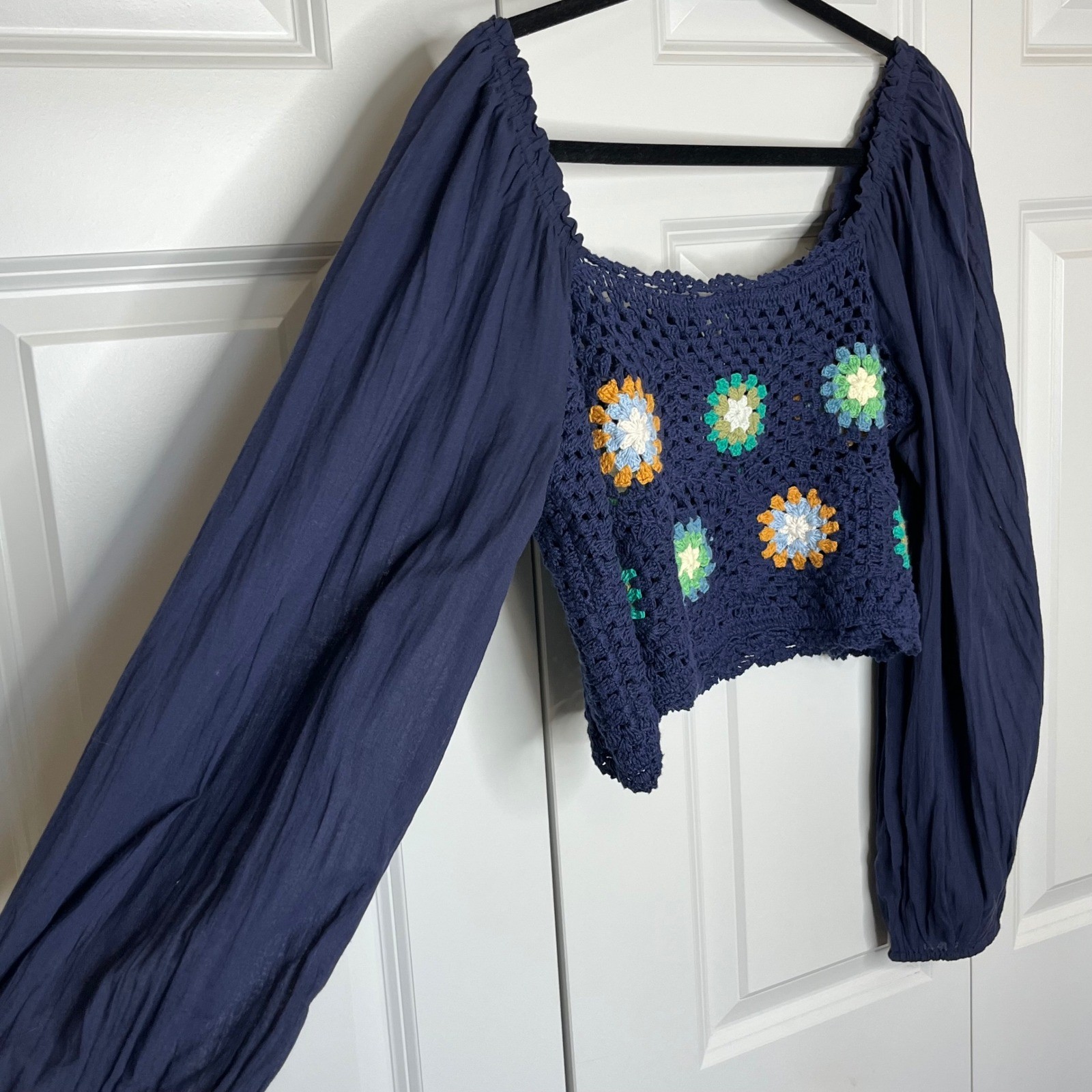 Aerie Crochet Granny Square Crop Top Navy Blue Balloon Sleeve Small Boho NWT