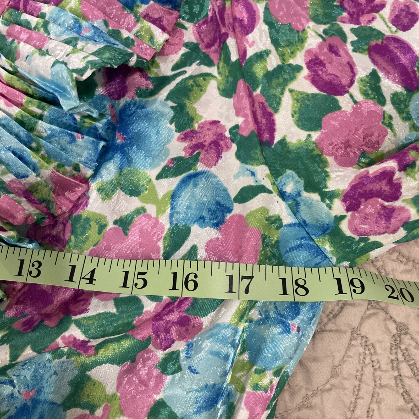 Vintage Susan Freis Floral Ruffled Midi Dress XS Smocked Waist 3/4 Sleeve AOP