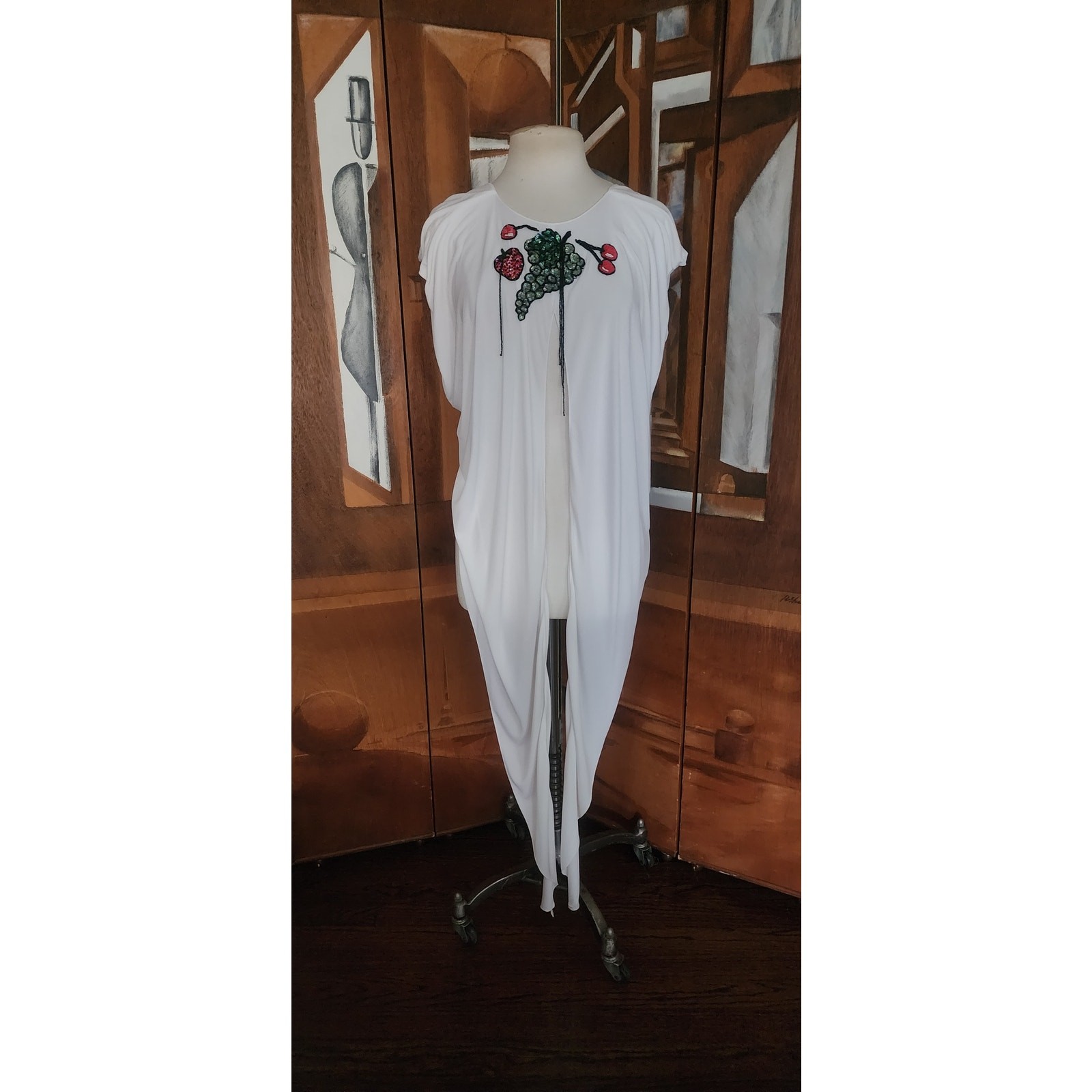 Vintage 1980s Holly Harp Top or Tunic Silk Jersey Fruit Sequins Beaded Fringe
