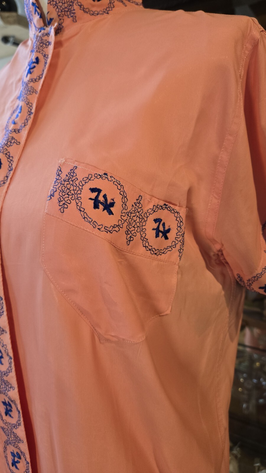 VTG 1940s Beach Pajamas Salmon Pink Rayon Blue Embroidered 2pc Set
