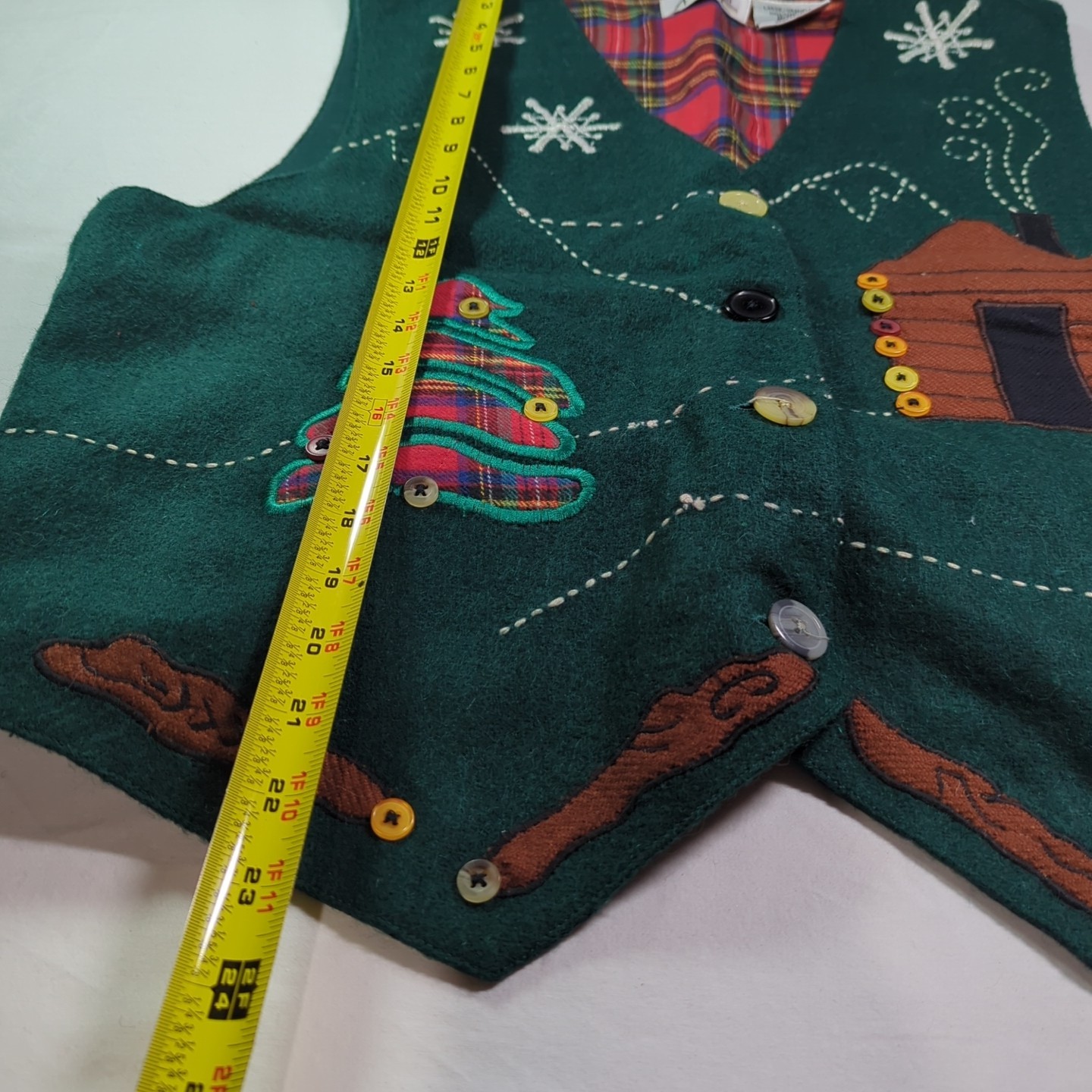 Vtg Ashley Hill Wool Vest Womens L Green Christmas Tree Cabin Buttons Country