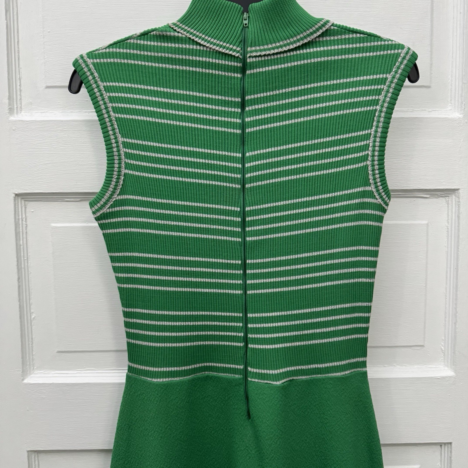 Vintage 60s 70s Green Mock Neck Maxi Dress XS Striped USA Sleeveless Mod
