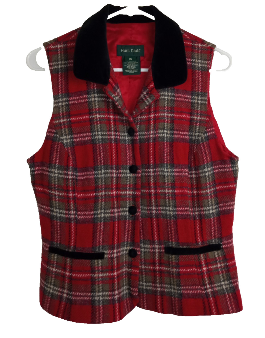 Hunt Club Women’s Velvet Red Green Plaid Vest Size 8