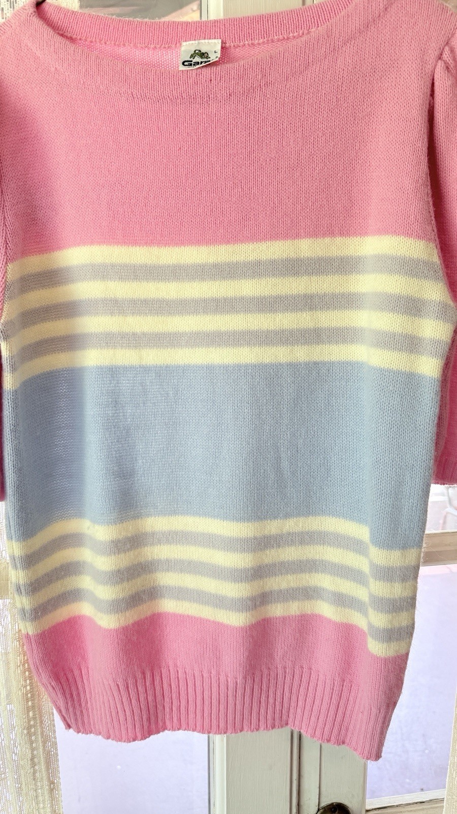 Vintage 80s Garan Pastel Striped Knit Sweater Top Pink Blue Yellow Puff Sleeve L
