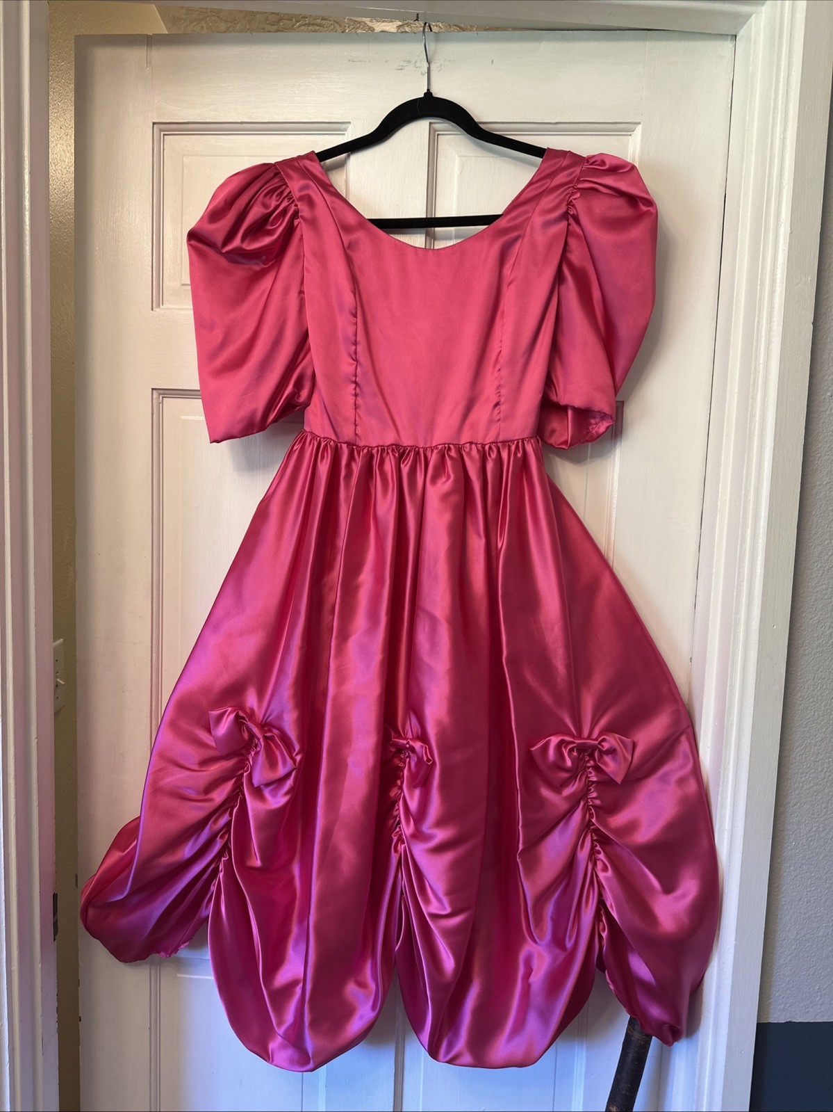 Vintage 1980s Fuchsia Pink Satin Dress Puff Sleeve Ruched Bow Sz 4 Princess