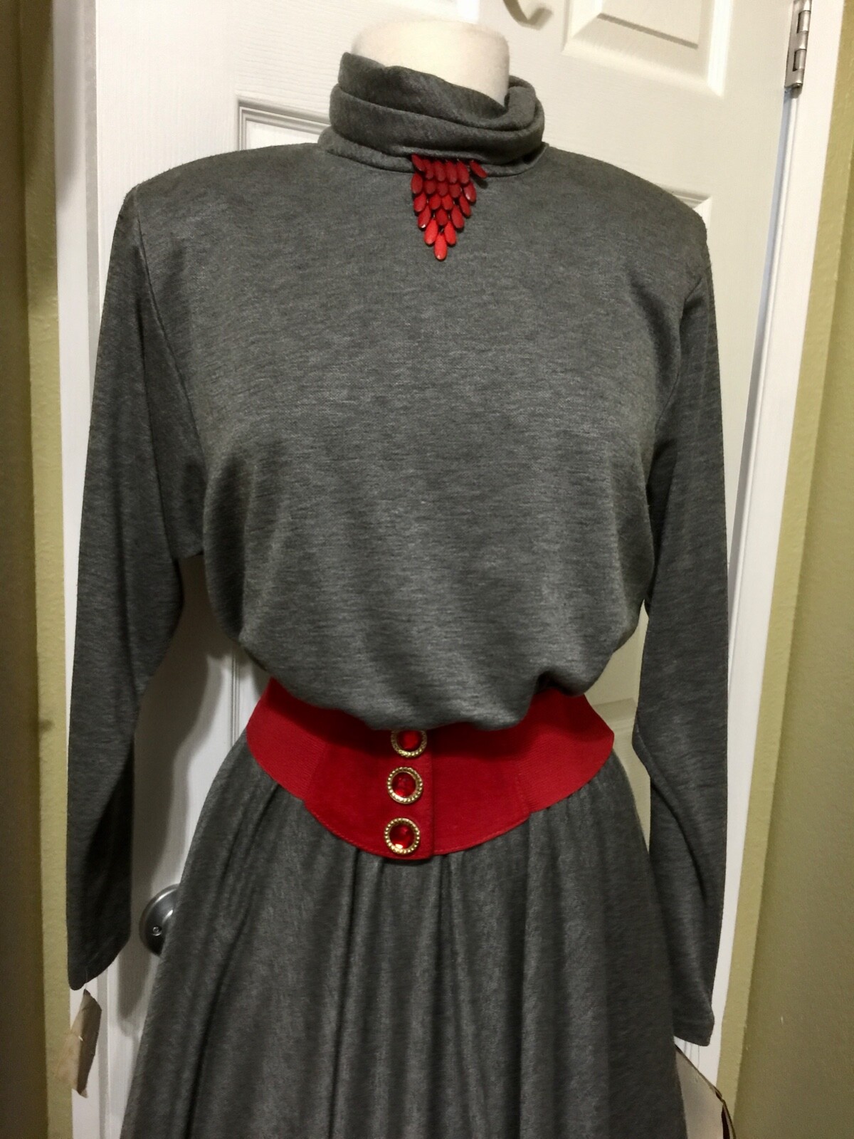 Women’s 80s fit and flair winter dress turtle neck gray maxi S-13/14 New