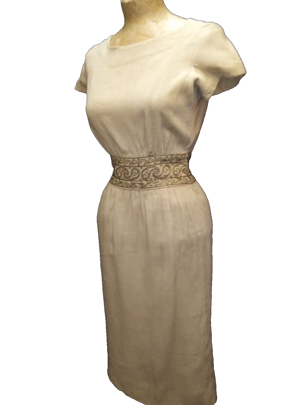 Vintage 1950’s Tan Linen Brown Embroidery Dress & Jacket Carlyle Moygashel S