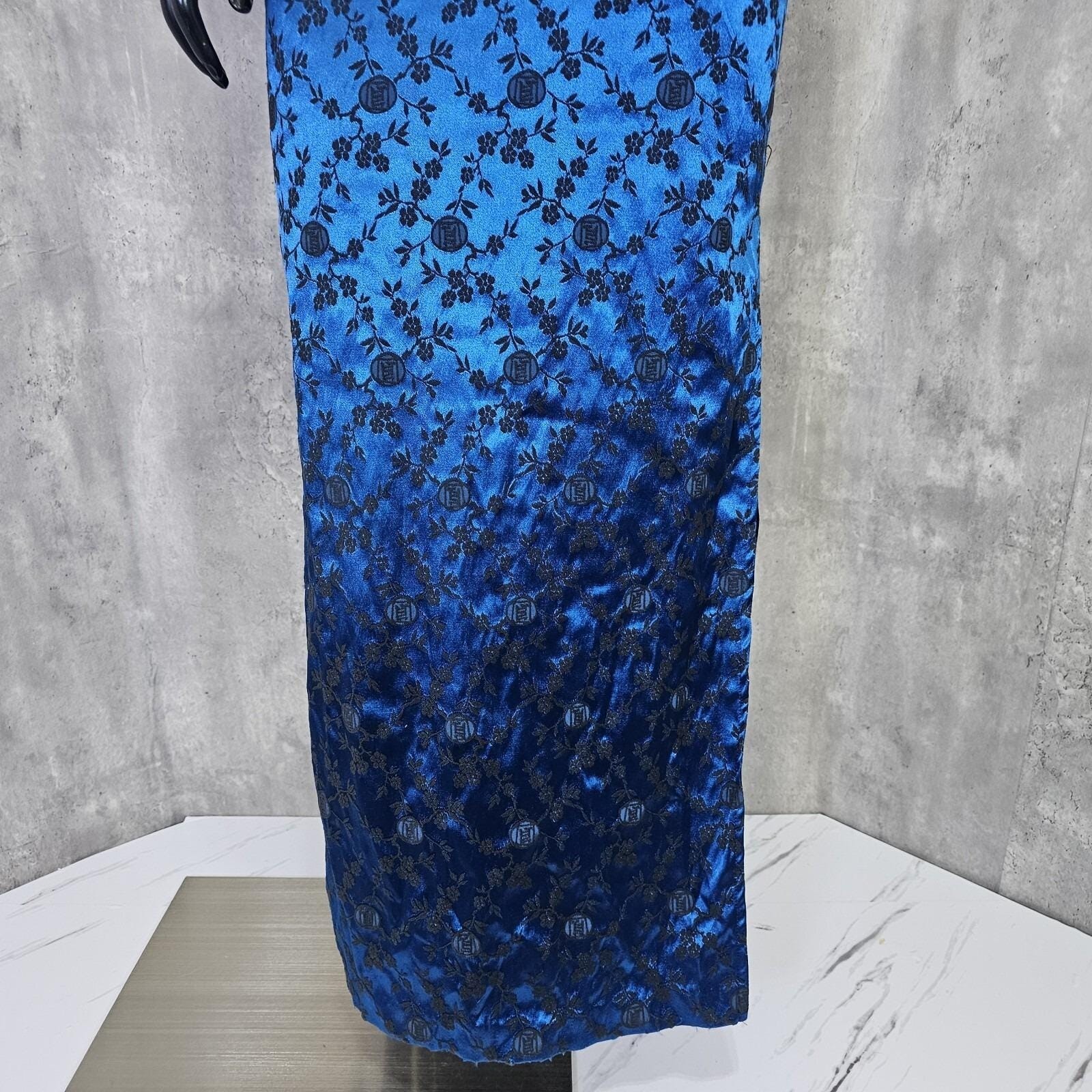 Vintage 90s L.A. Glo S Blue Black Floral Brocade Strapless Maxi Dress USA