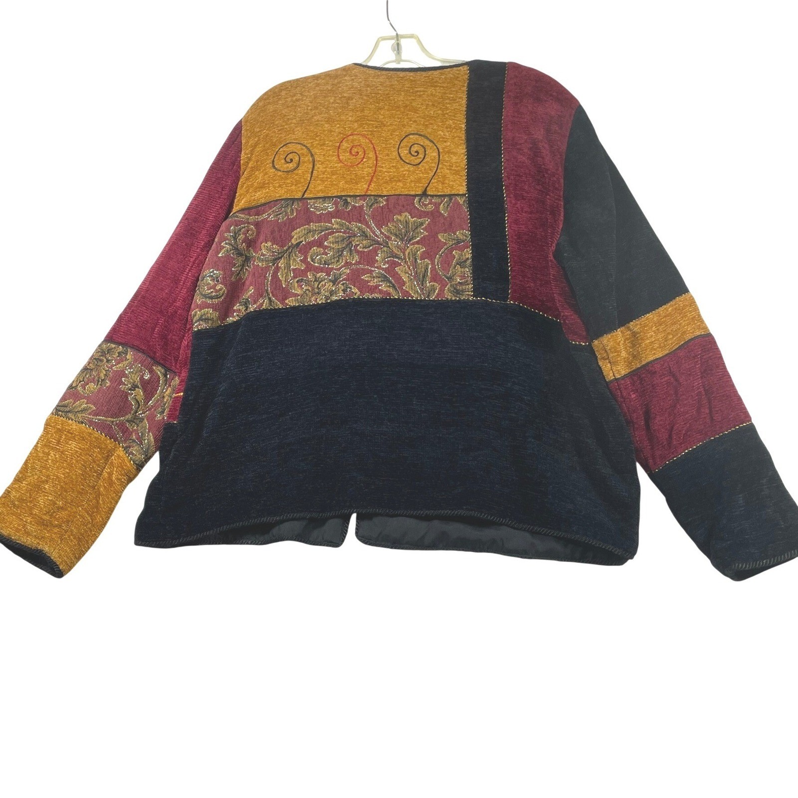 Vintage Allure Patchwork Tapestry Jacket Womens XL Burgundy Gold Black Rayon
