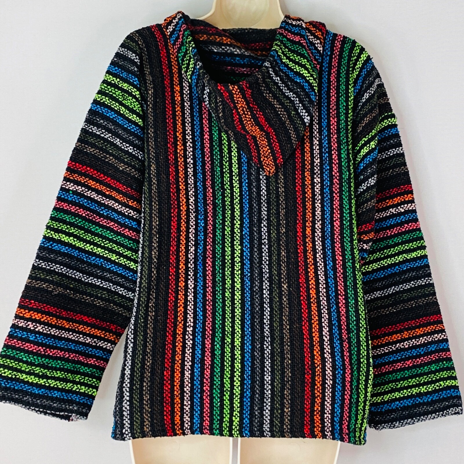 Vintage 1990s rainbow striped hoodie, Mexican rug cotton pocket hood woven M
