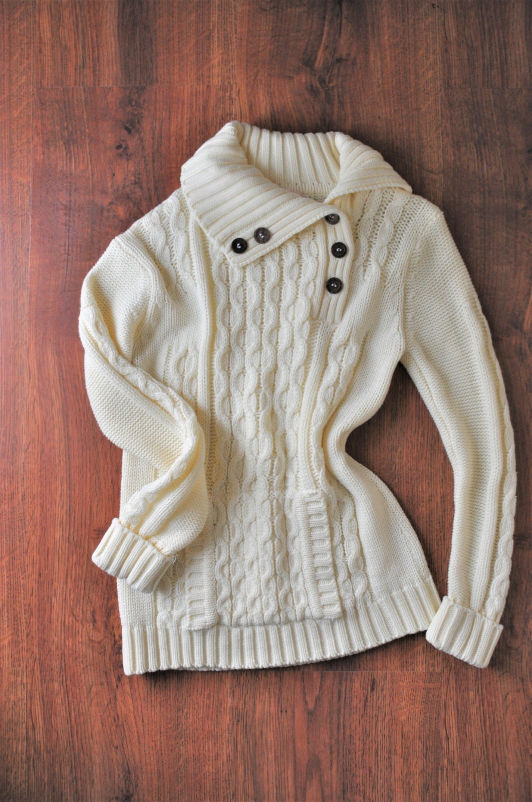70s Vintage Cream Chunky Cable Knit Buttons Turtleneck Fisherman Sweater Women S