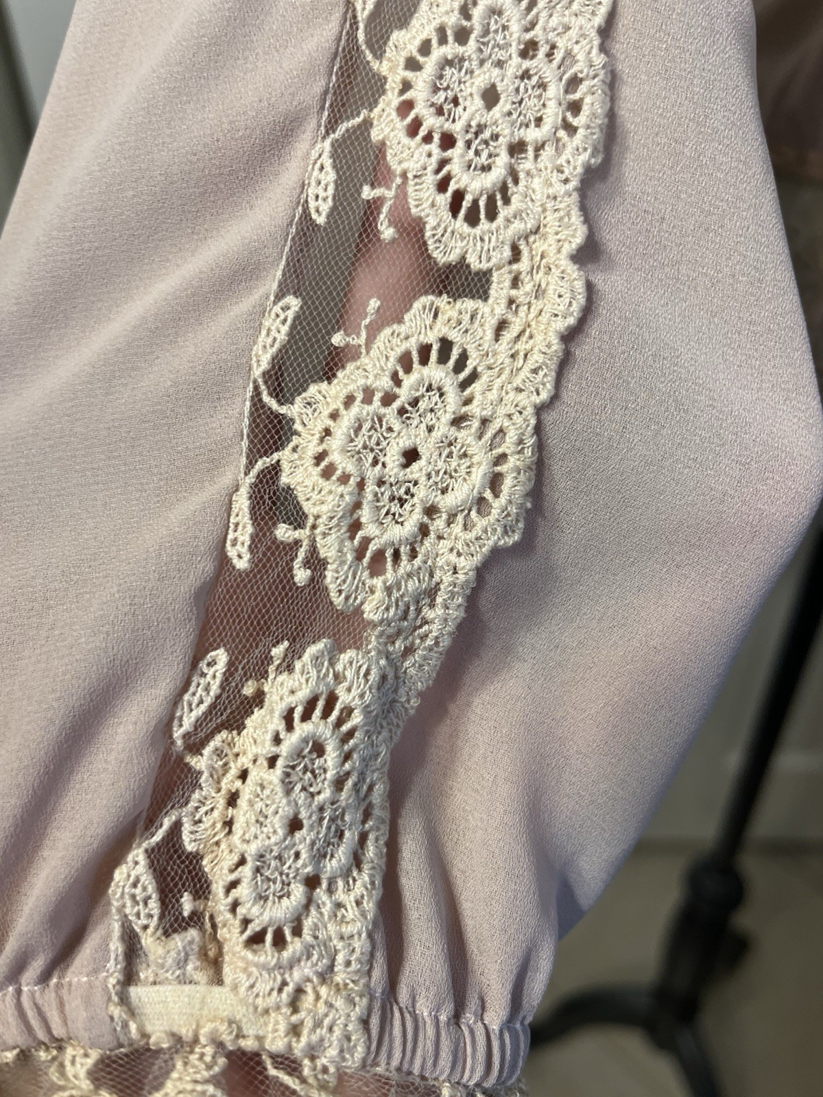 Victorian Chiffon Net Lace Blouse Sand Beige High Neck S/M