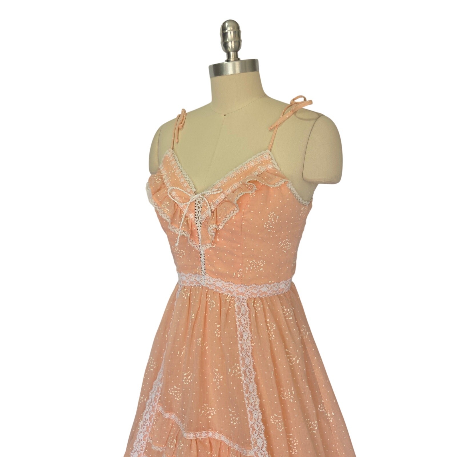 Candi Jones Vintage 70s Prairie Midi Dress Size S 9 Peach Pink Corset Lace Up