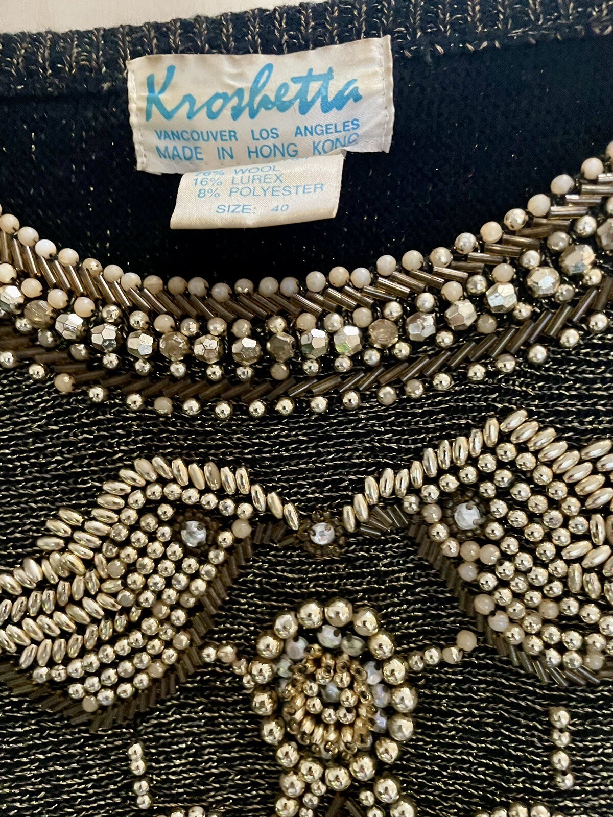 Vintage Sweater McBling Pearl Beads Glam Fairy Goth Evening Knitwear Gold Foil L