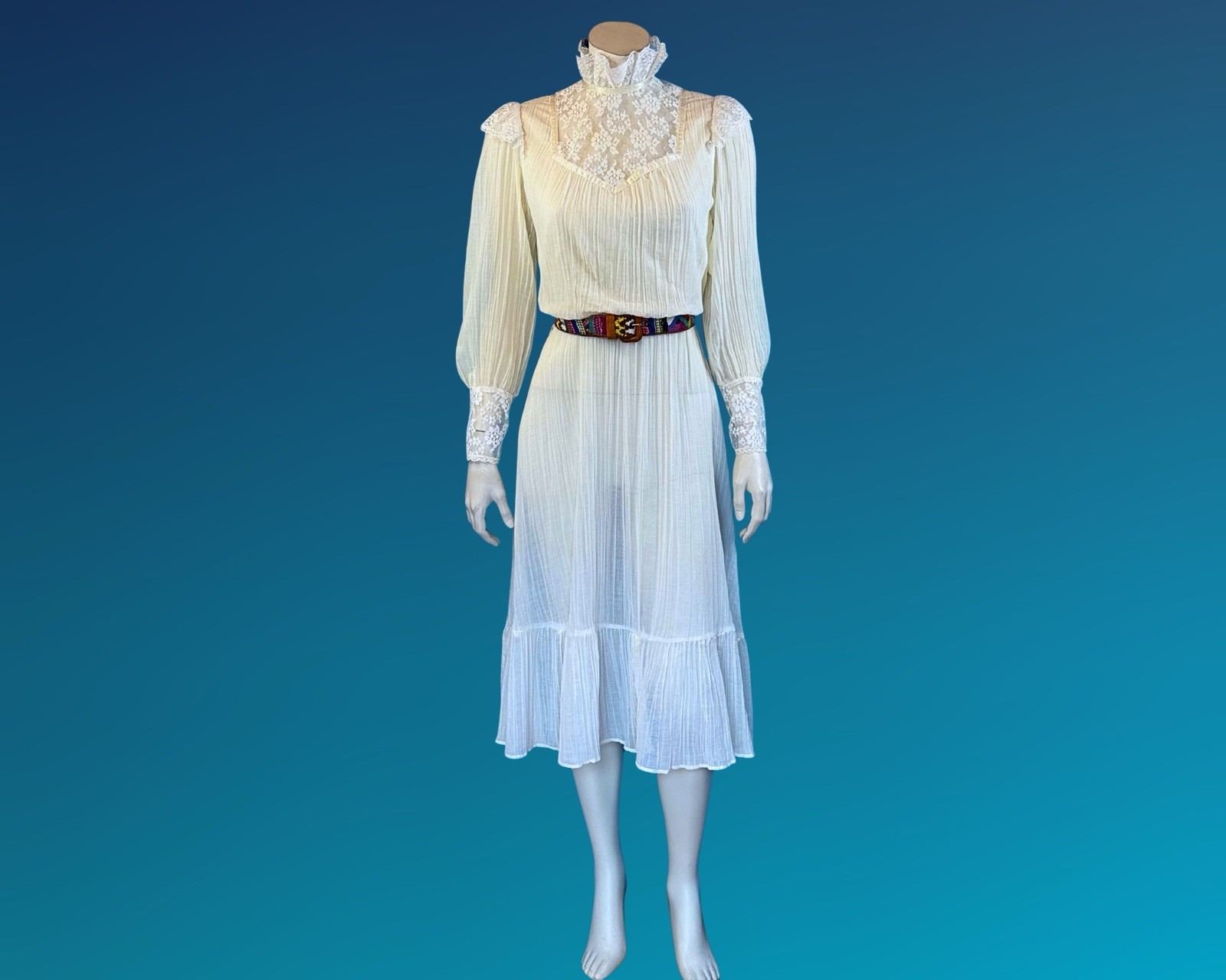 Vintage Romantic Victorian Revival Prairie Lace Crinkle Cotton Dress | S