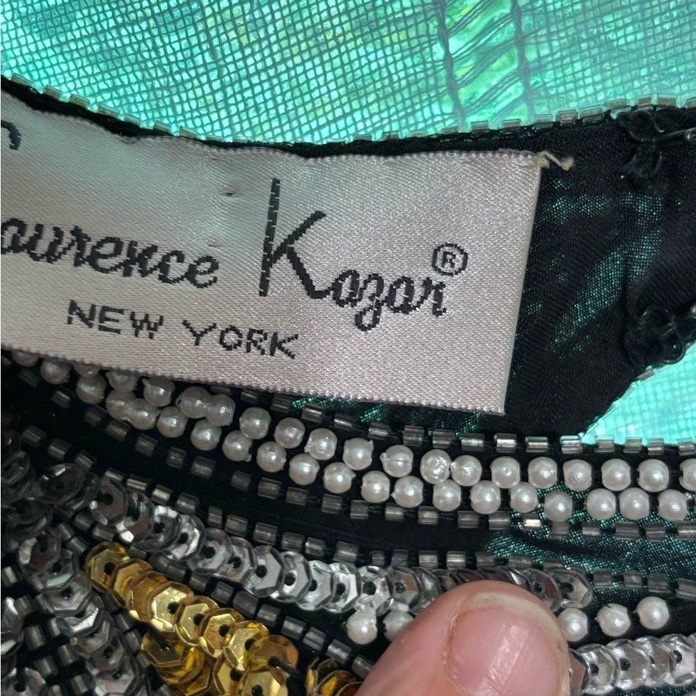Vtg long PM Laurence Kazar Black Dress with Gold, Silver, and Pearls Party
