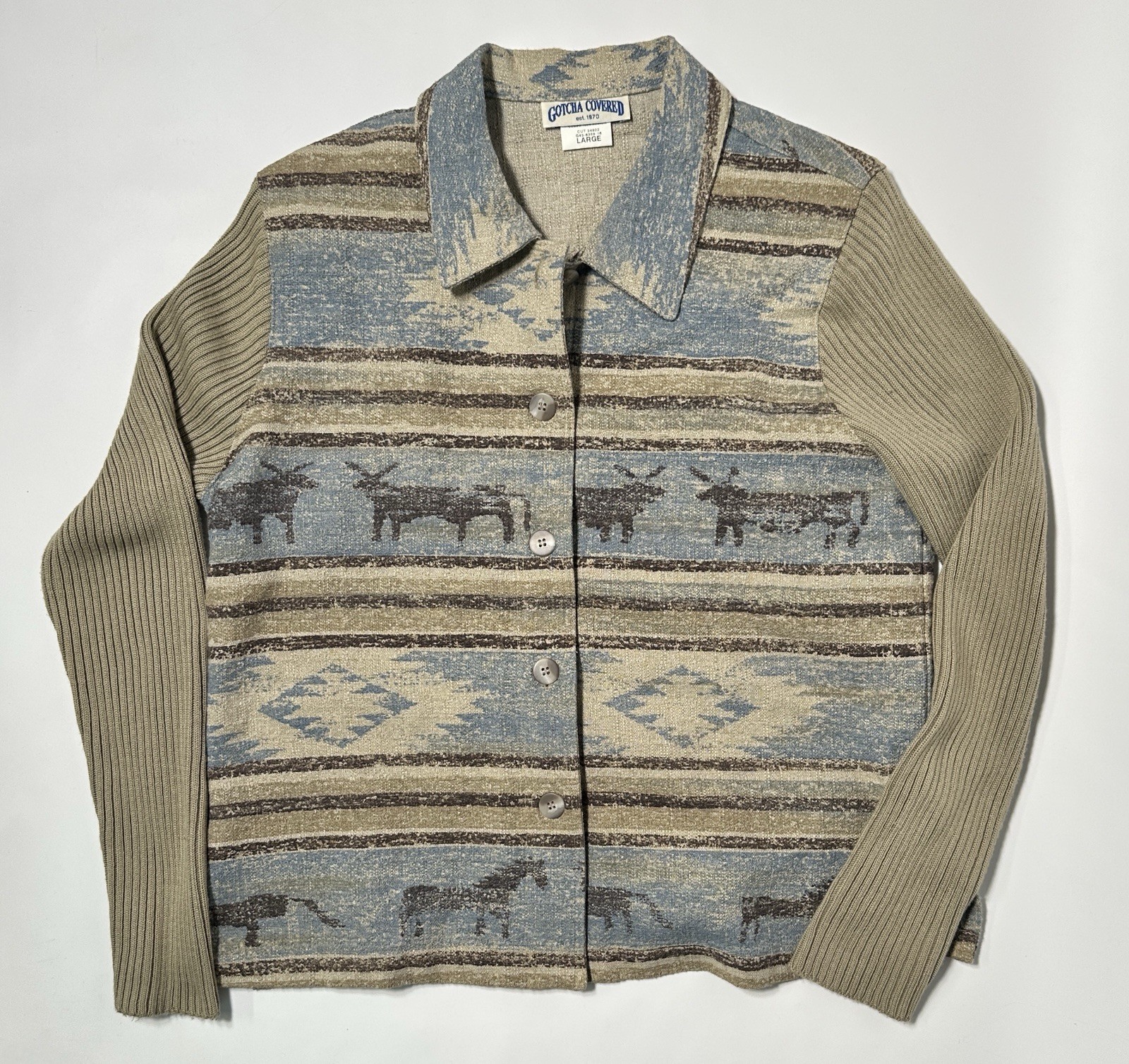 Vintage Gotcha Covered Southwestern Aztec Longhorn Bill & Horse Print Shirt USA