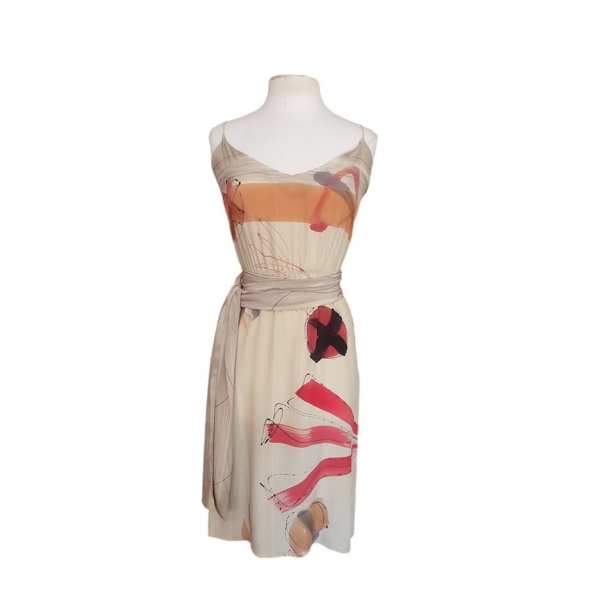 VTG 80s Nicole Chicago Dress Silk Geometric Abstract Print Scarf Belt Sash S