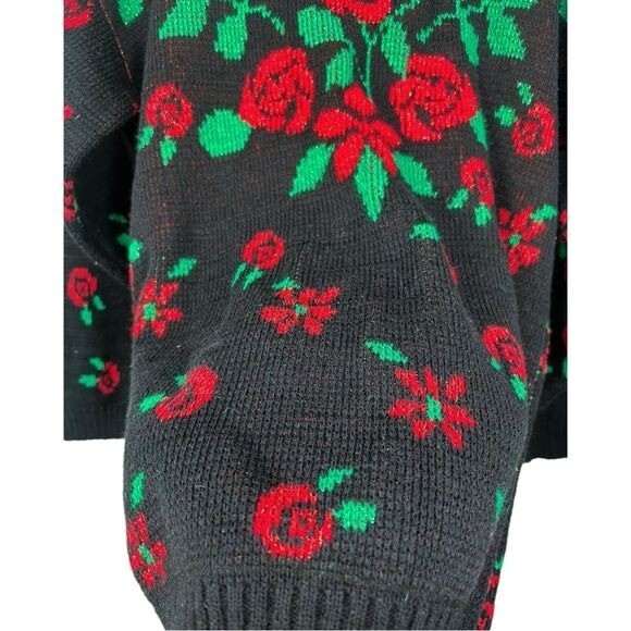VTG G.F.C Ltd Black w/ metallic Red & Green Floral Acrylic Pullover Sweater