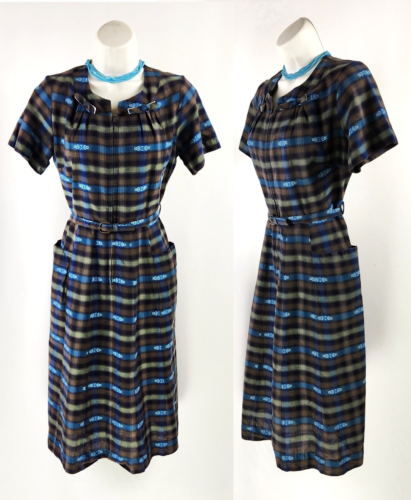 Vtg 1940s Cotton striped embroidery Day Shirt Dress Zip front pockets Belt W30″M