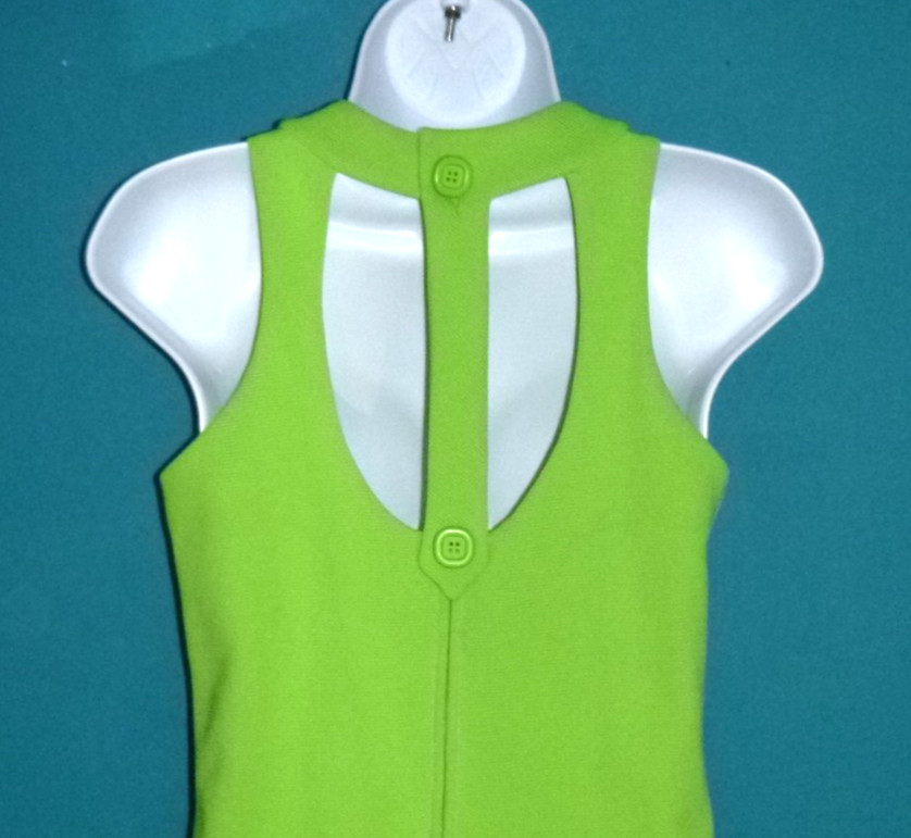 Vtg 60s 70s Gay Gibson MOD Bright Green Ribbed Poly Dress Unique Back Sz S/M