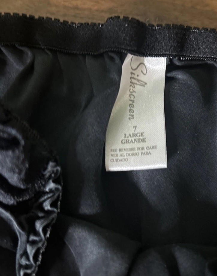 VTG Silkscreen Black Satin String Bikini Bow Panties Size L/7 Silk Shiny Soft