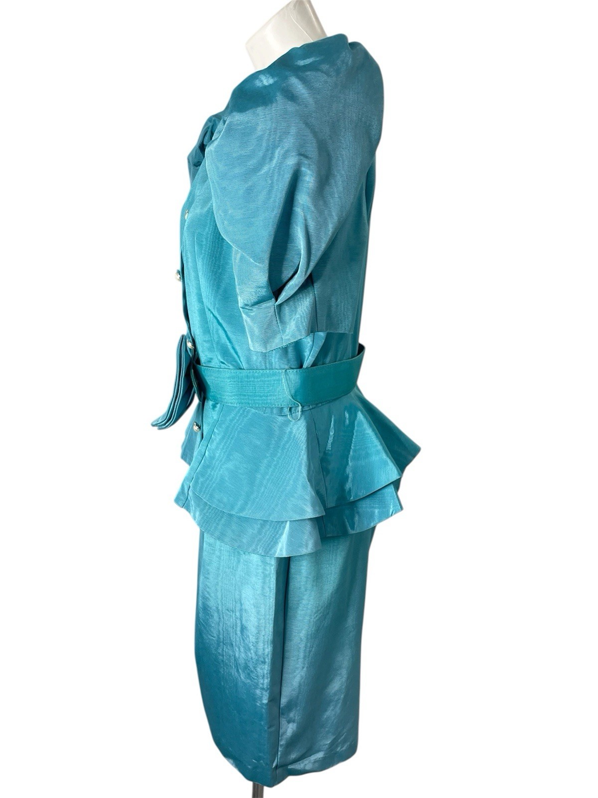 Vtg Evenings by Pantagis 80s Dress Blue Moire Rhinestone Bow Peplum Top Skirt