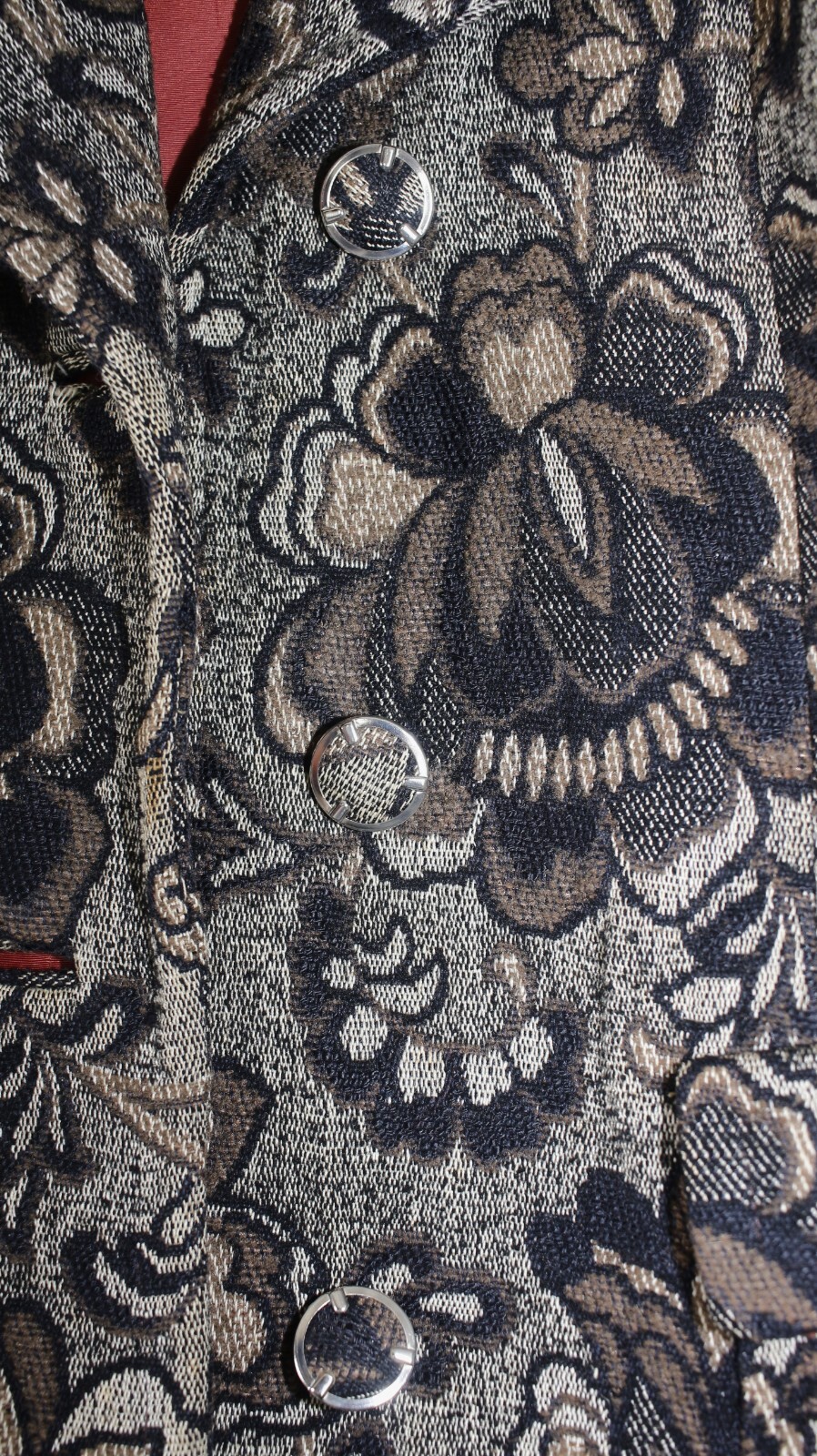 French 60s Long Brown Wool Tapestry Weave Belted Tailored Coat Fur Collar Size M