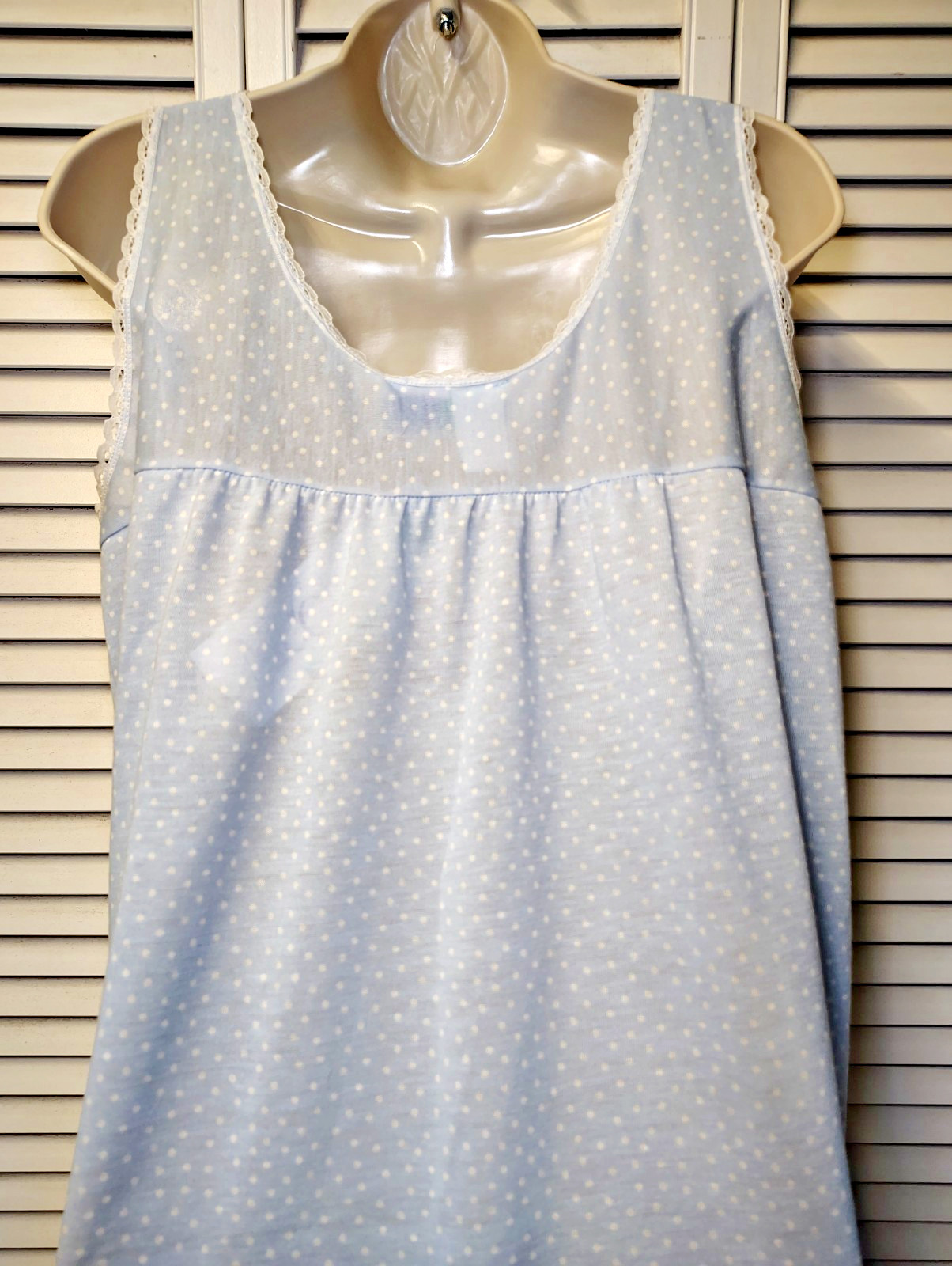 Vintage Nice N Easy Nightgown Women’s L NWT Blue White Polka Dot Lace Trim USA