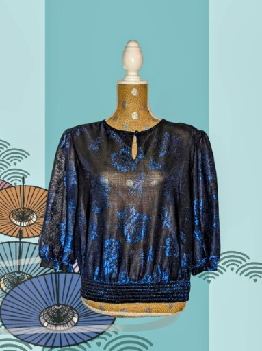 VINTAGE FREJANI Shiny SPECIAL OCCASION Blouse SHEER Blue Sz Large 1/2 Sleeve