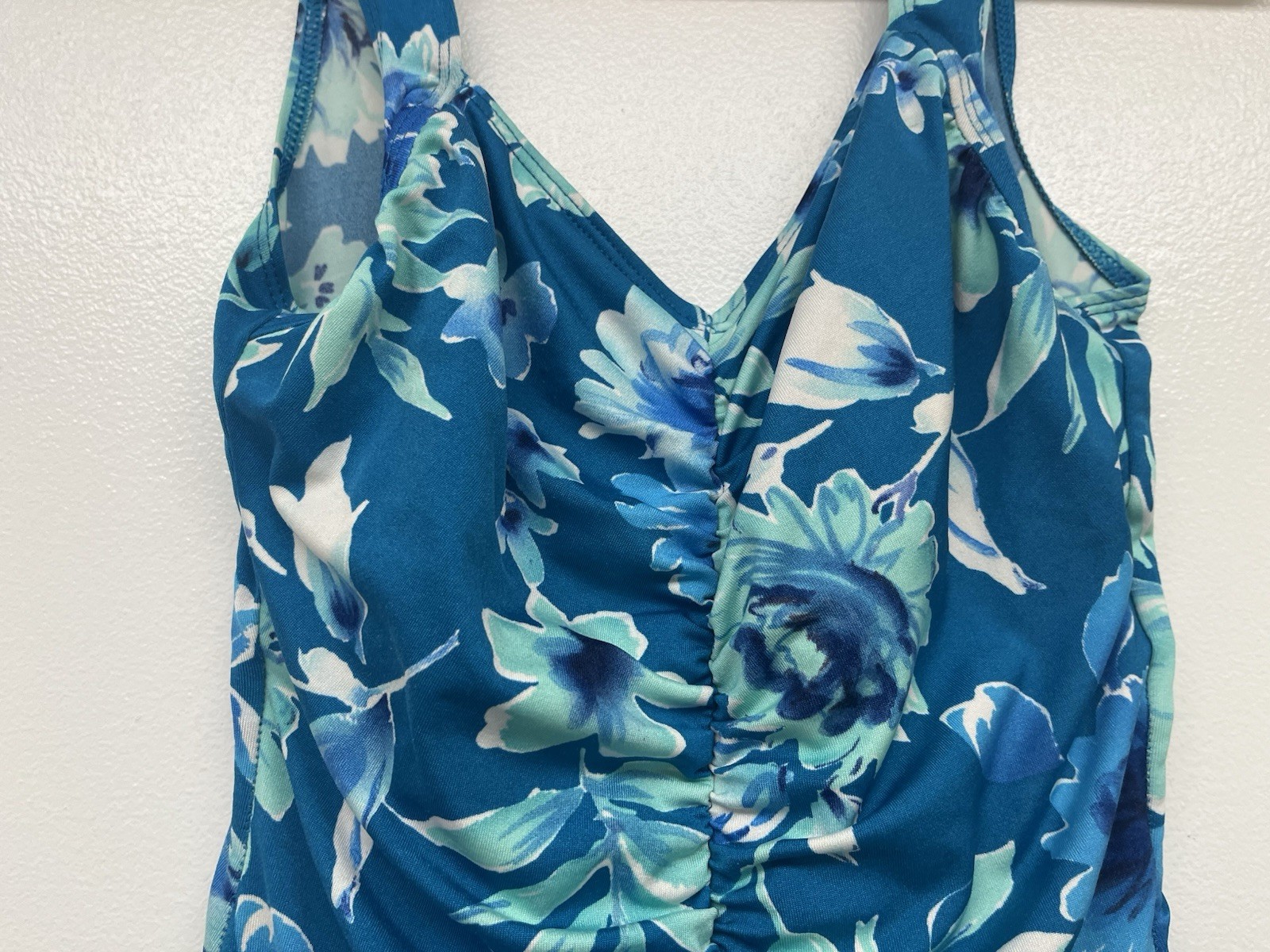 Vintage Gabar Floral Blue Nylon Blend One Piece Bathing Suit Swimsuit Size 12