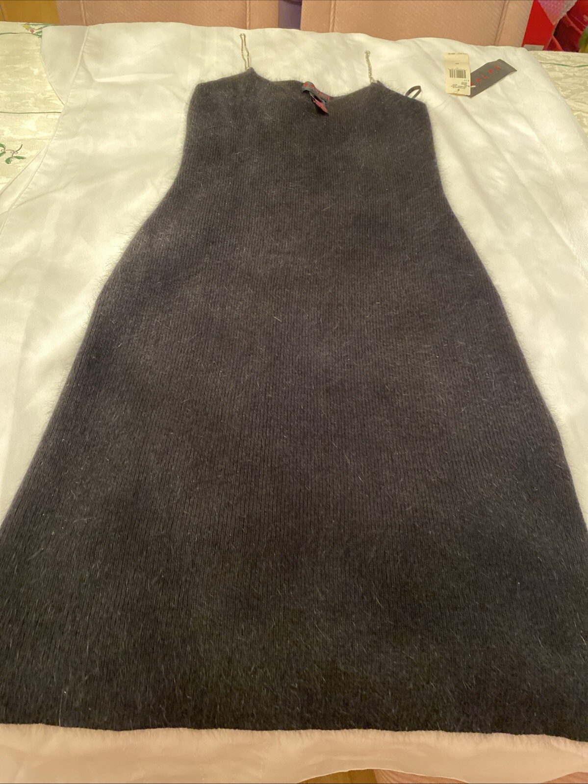 Vintage Ralph Lauren Black Angora Dress W Rhinestone Straps. Sz M. New With Tags
