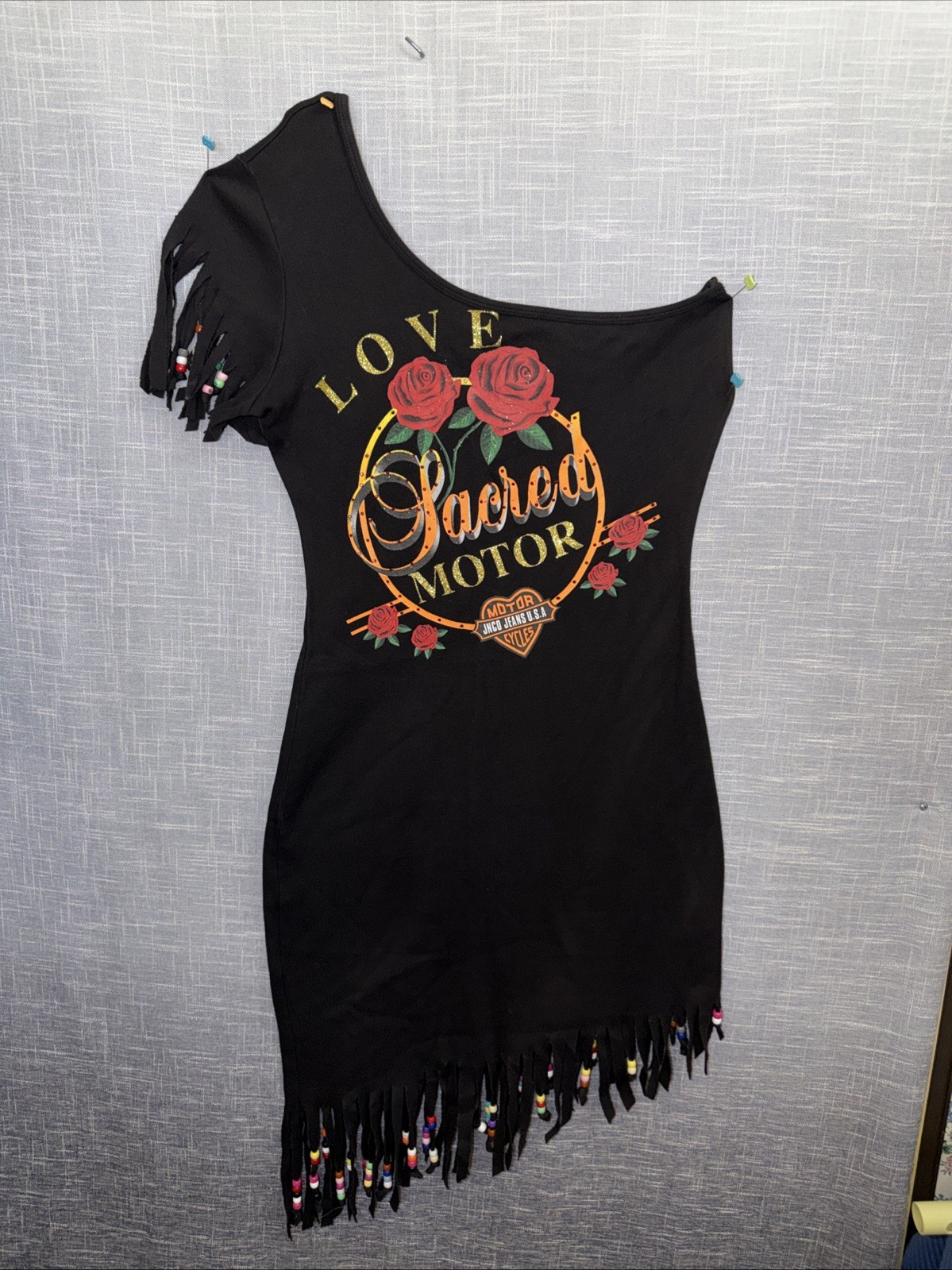 NWT Motorcycle Biker Dress Love Sexy Jnco Beaded Fringe Sacred Asymmetrical M