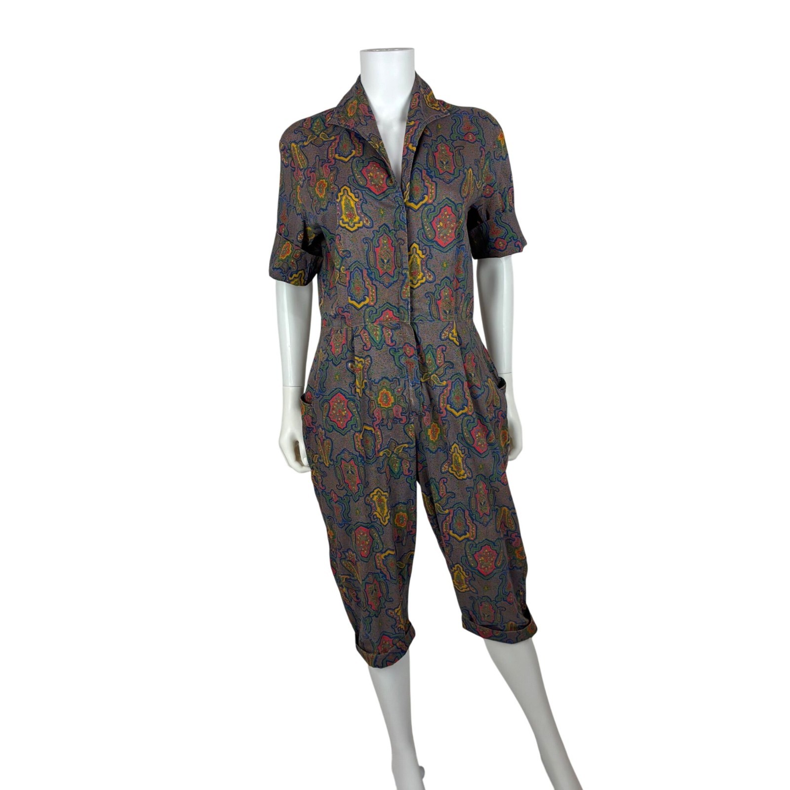 Vintage 50s Jumpsuit Womens L AS IS Multicolored Pattern Cotton Zip Up Casual