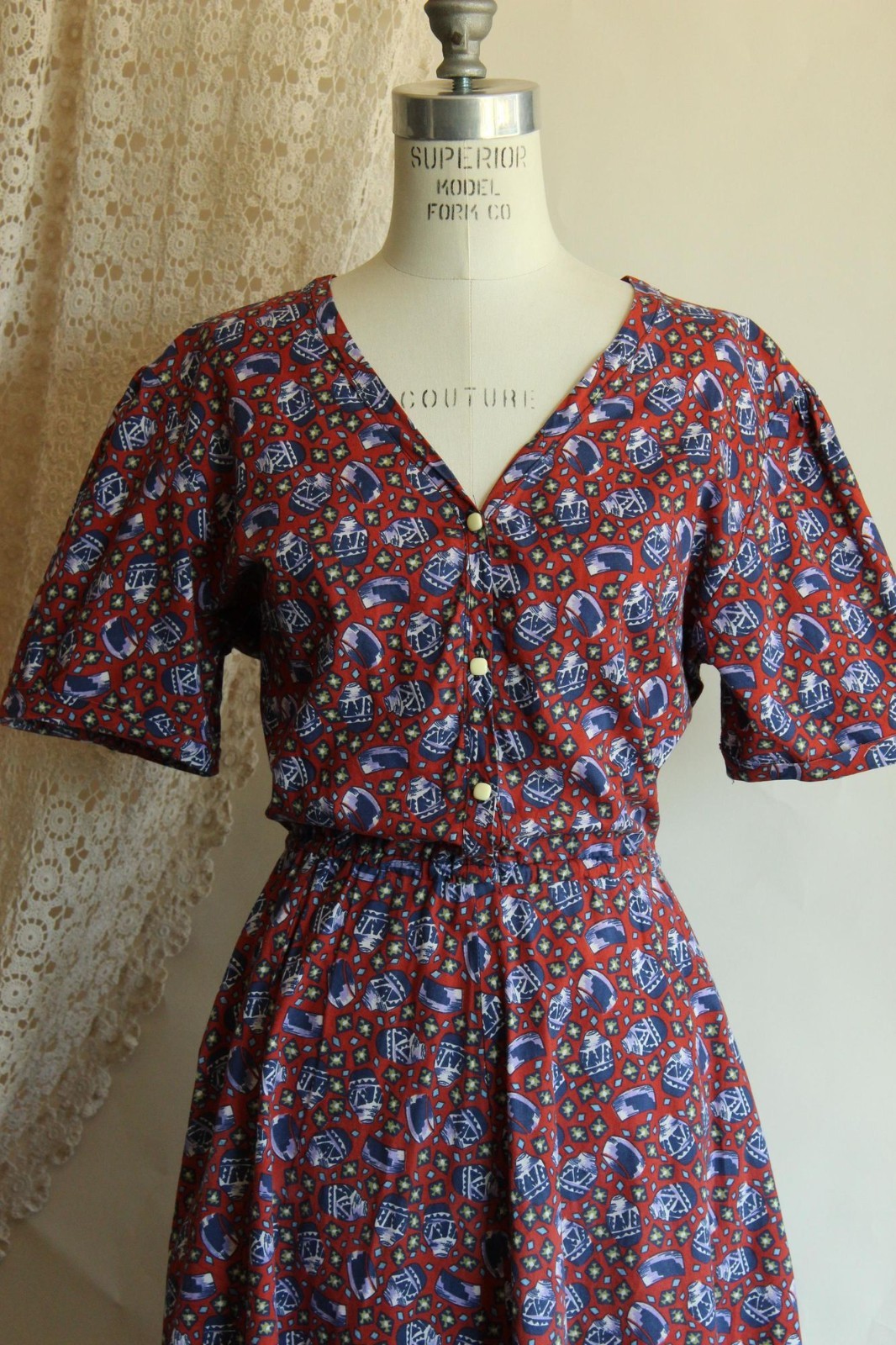 Vintage 1980’s Shirtwaist Dress, Volup 1950s Style Ginger Jar Novelty Print Midi