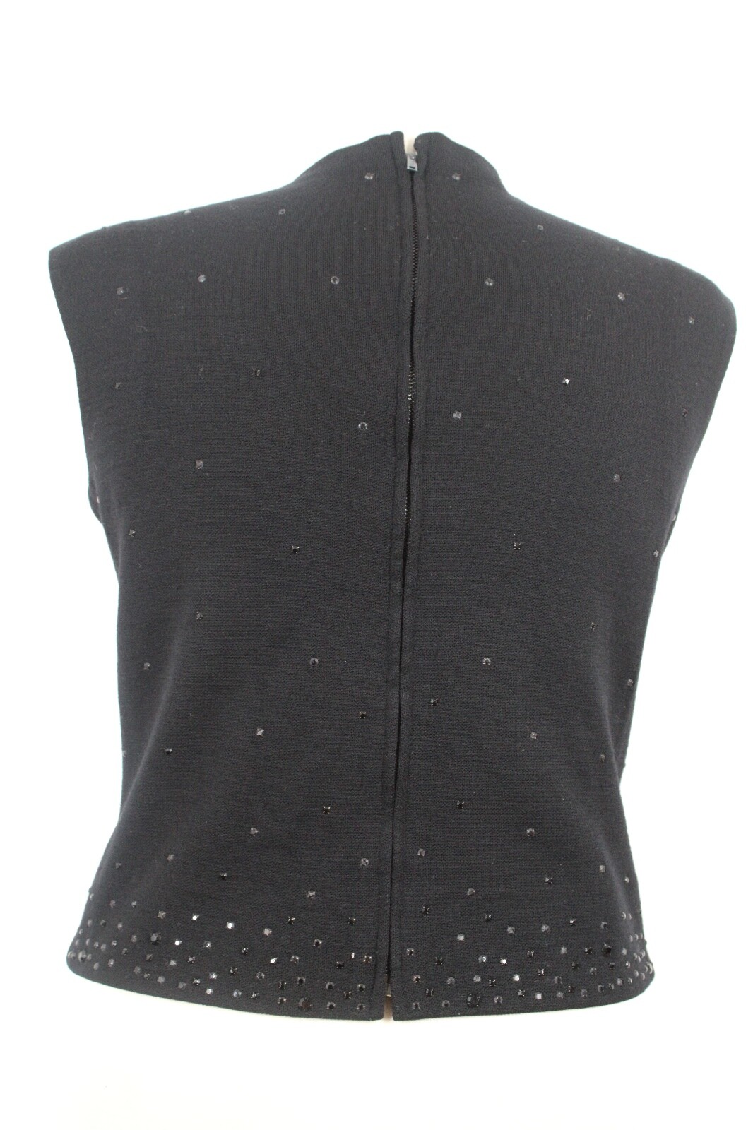 Vtg Unbranded Black 9 Wool Zip-Back Stud Rhinestone Tank Top Shirt NYNCO Metal
