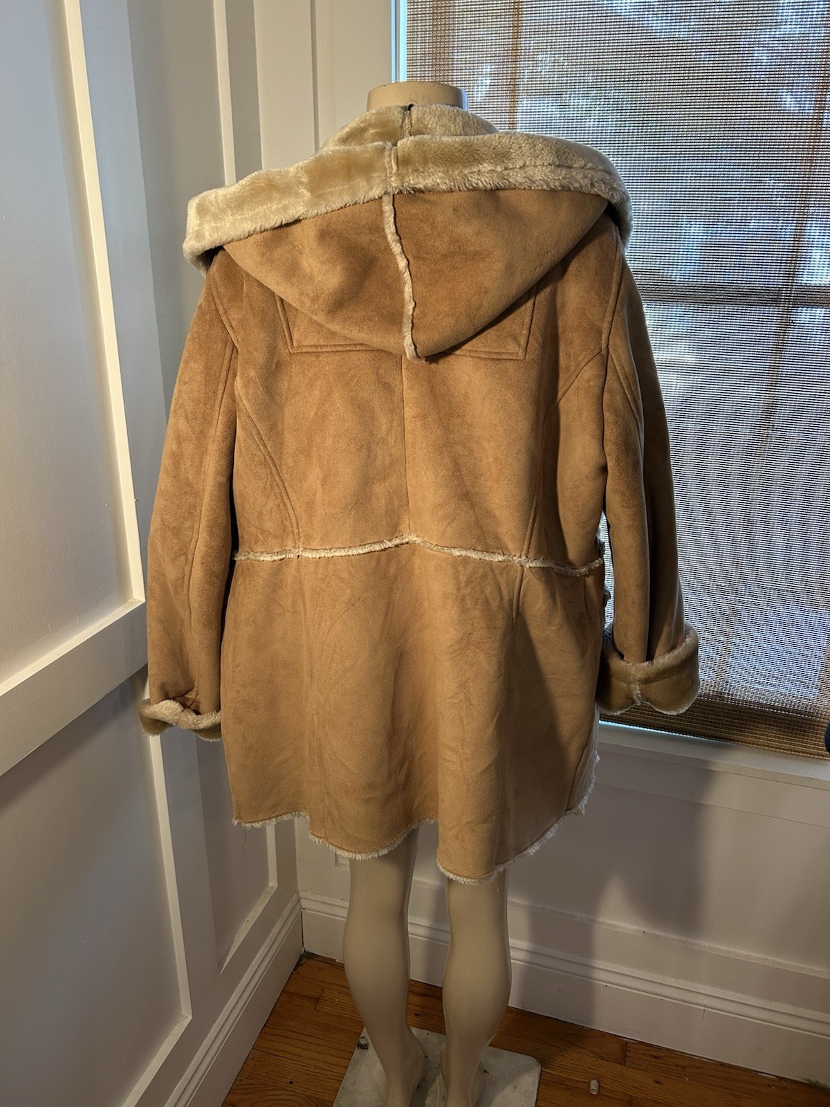 Vtg Jones New York XL Tan Brown Faux Fur Suede Coat Jacket Pennylane Hooded