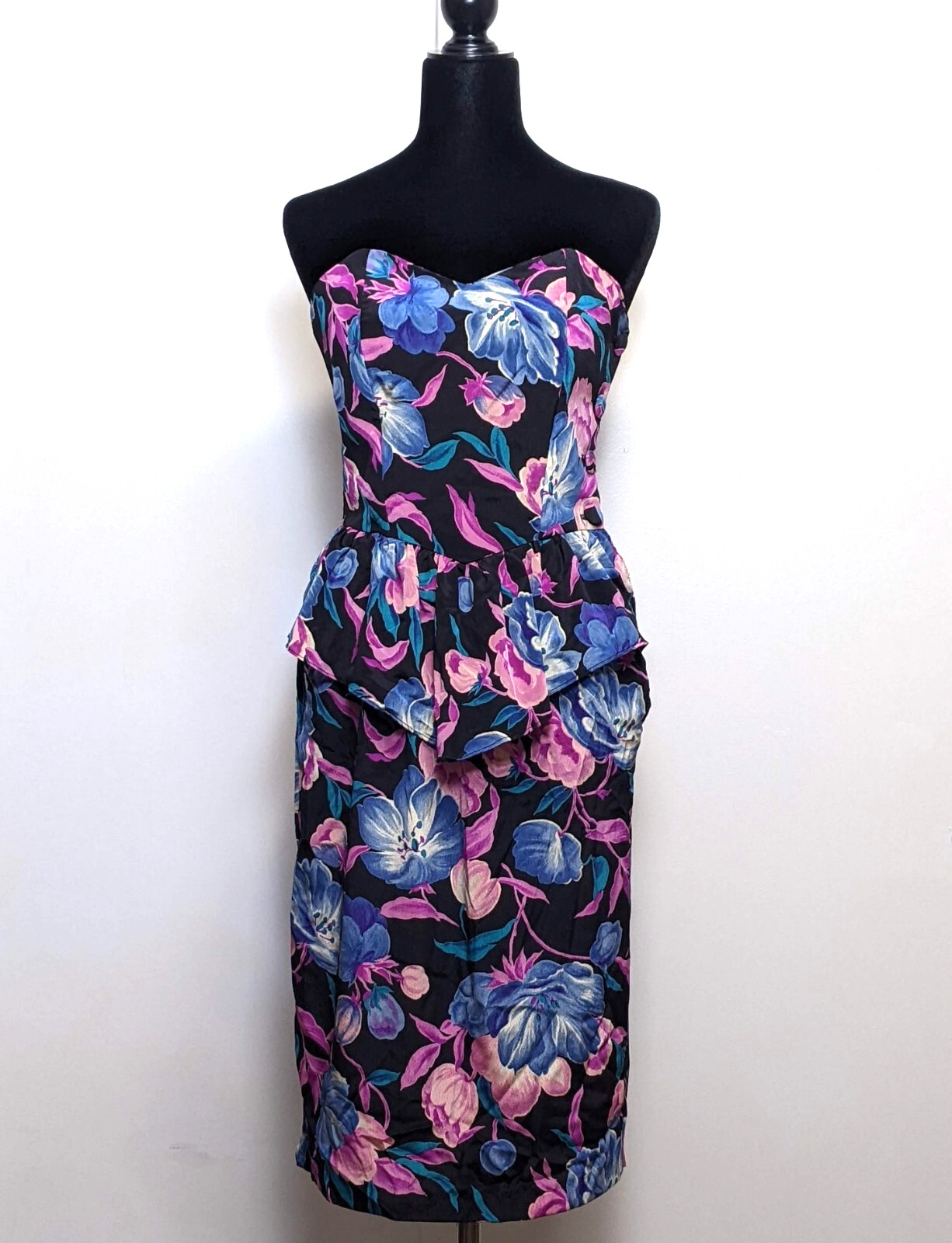 Vtg 80s Nina Piccalino Bold Floral Sweetheart Bust Silky Peplum Wiggle Dress M/L