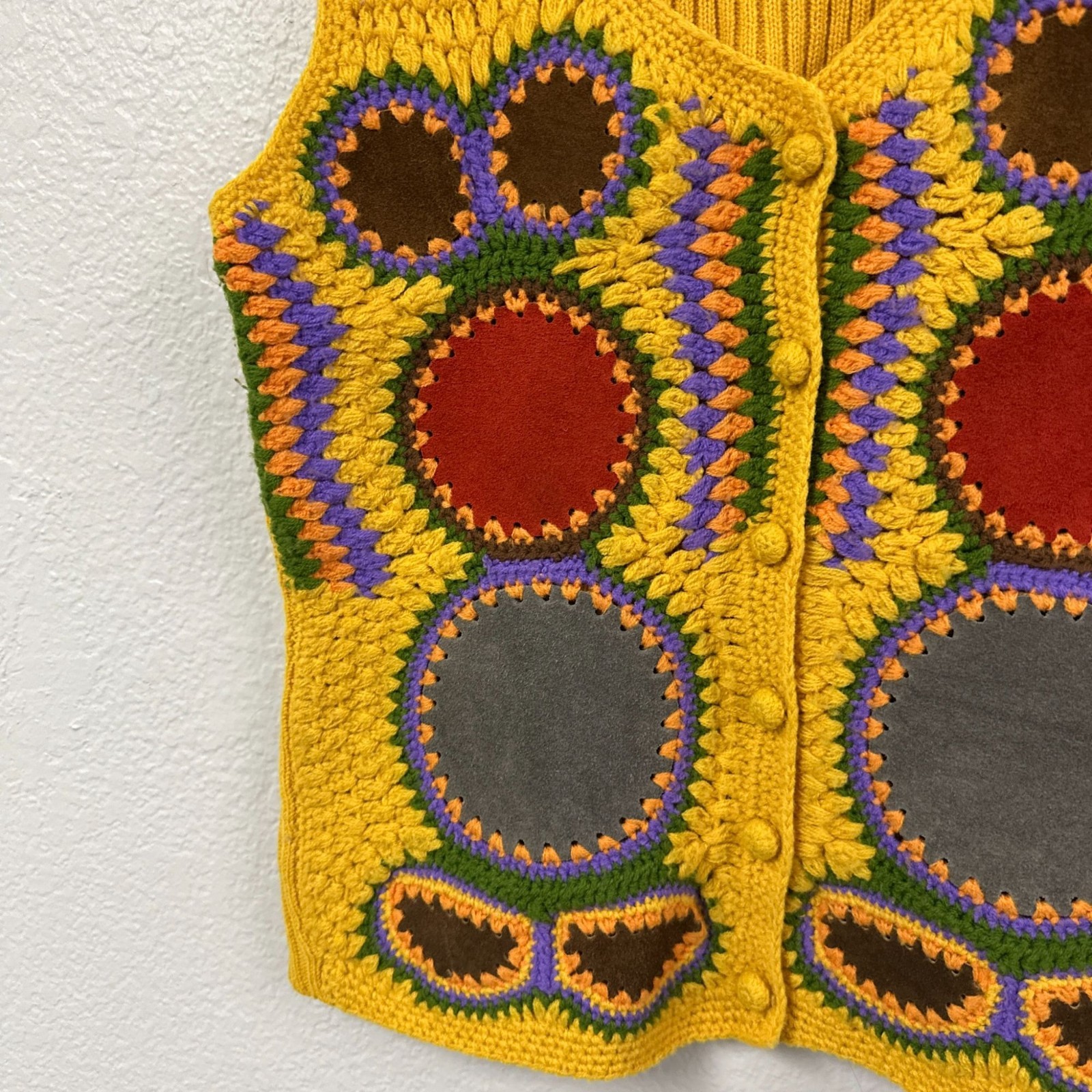 Vintage 70s Yellow Patchwork Knit Leather Sweater Vest Top Hippie Boho Size M L