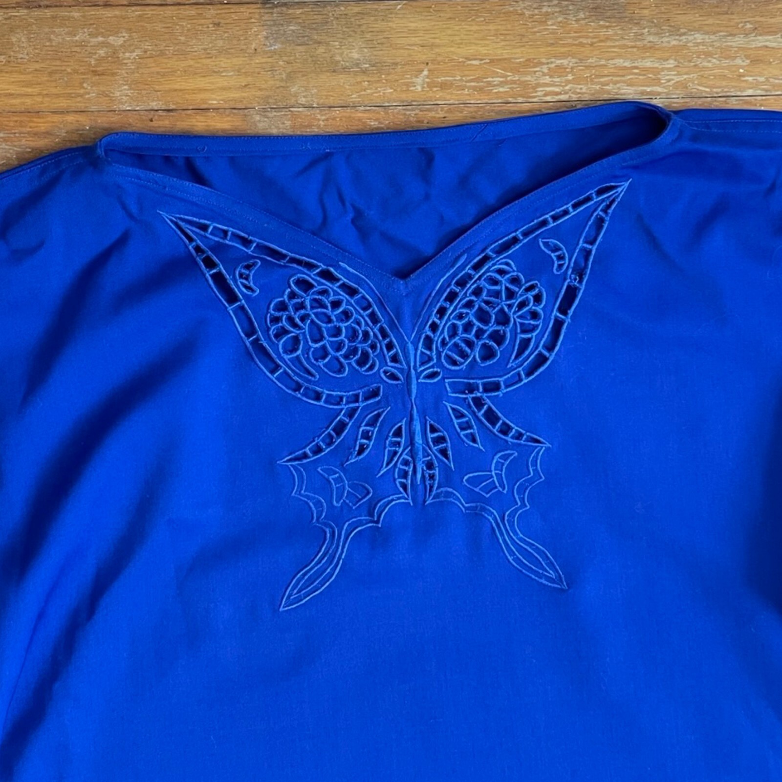 Vintage Butterfly Embroidered Dress Size Medium 1970s Cobalt Blue Twill Wool