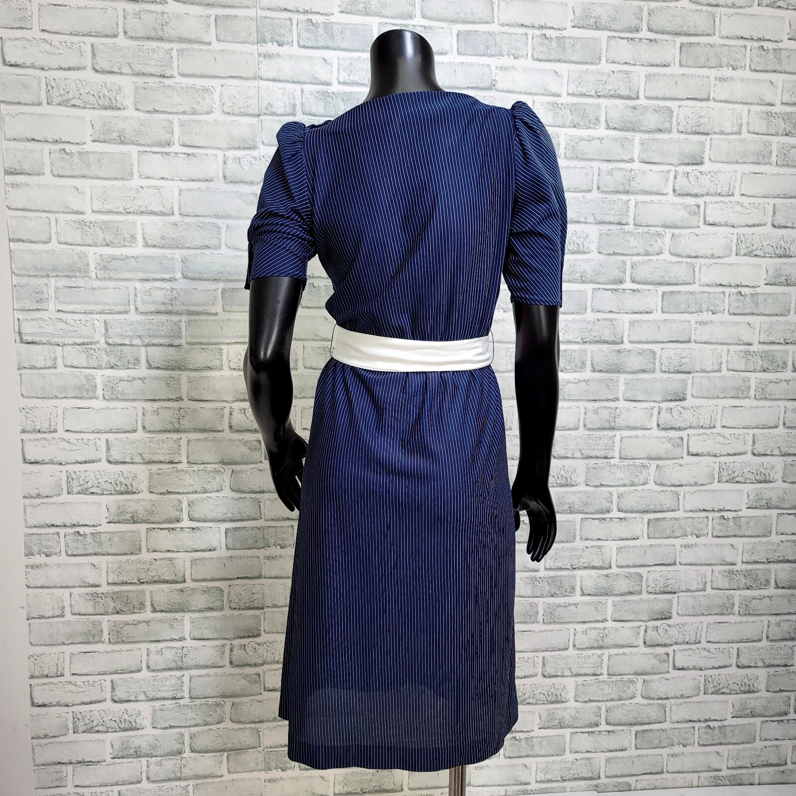 Vintage 70s Sally Lou Womens S Half Sleeve Semi Sheer Navy Striped Day Dress