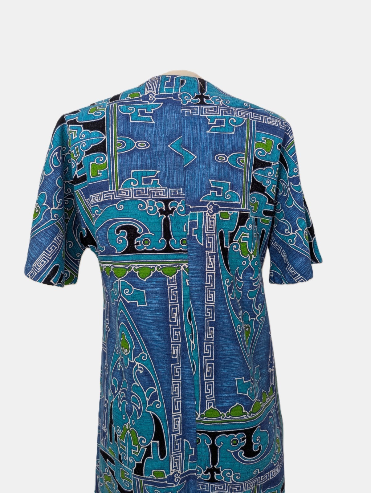 Vtg 70s Two Potato Tribal BARKCLOTH Angel Wing Boho Dress – Blues Greens MEDIUM