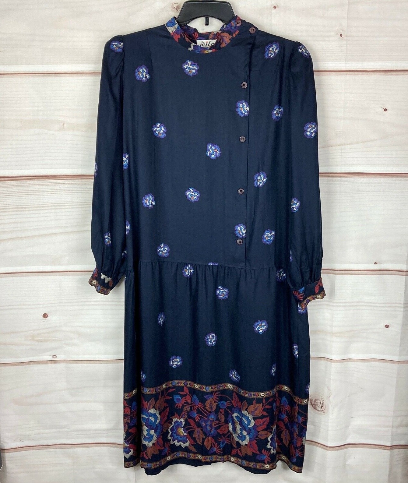 The Wilroy Traveler Vintage Dress Womens 20 Blue Floral Mock Neck Button Front