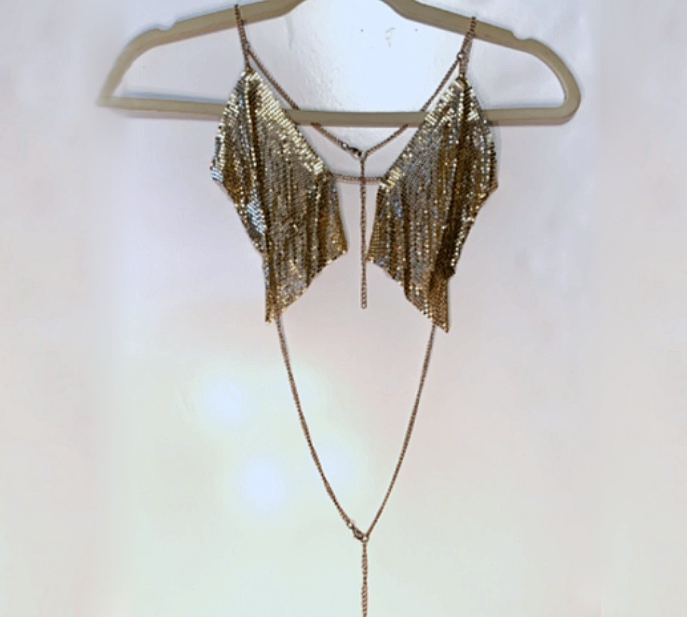 VTG 1980s Gold Mesh Backless Halter Top Bra Style Shoulders w/ Back Chain Size S