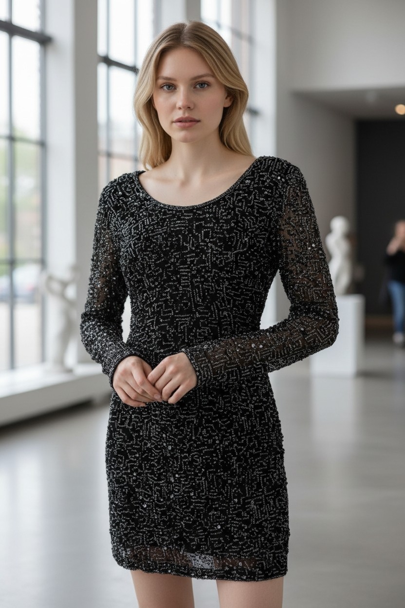 Vintage Riazee Beaded Sequin Mini Dress Black Body Con Long Sleeve Womens 2/4