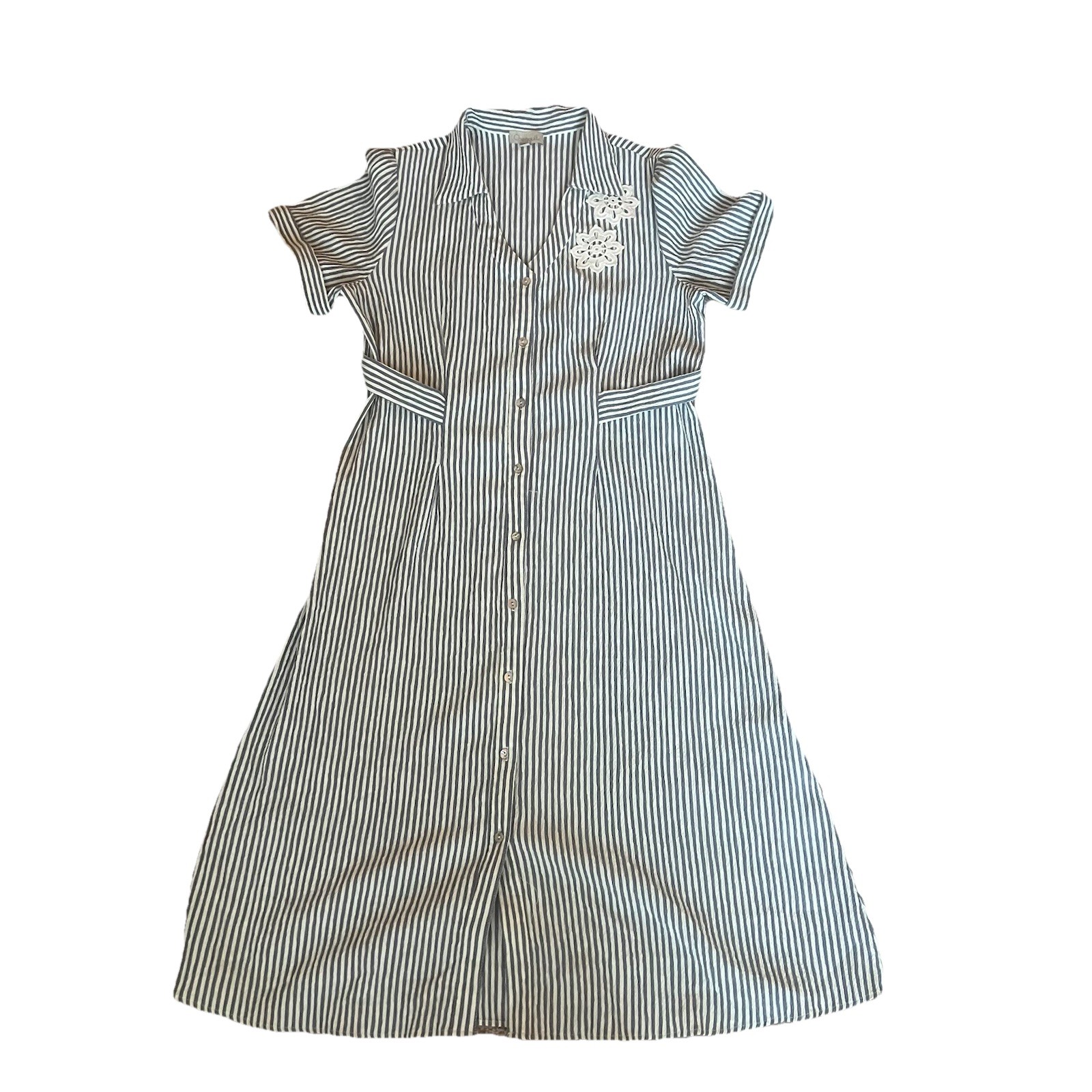 Vintage 80s 90s Seersucker Midi Dress Striped Uniform Style Crochet Lace Med