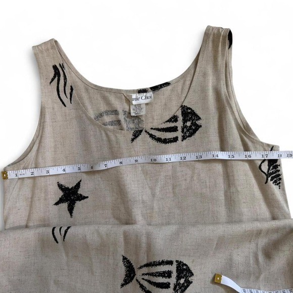 Connie Choi Vintage Linen Blend Nautical Fish Print Maxi Dress Beige Small 70645