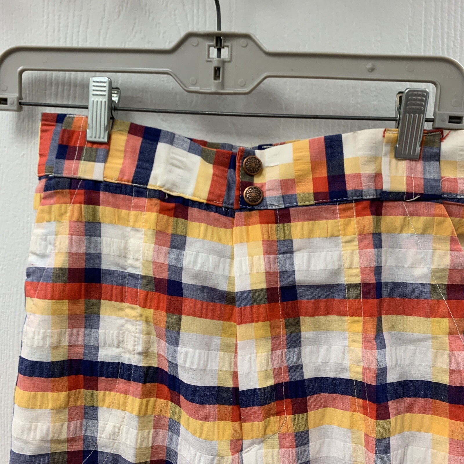 70’s Vintage White/Yellow/Red/Blue Seersucker Plaid Hippie Bell Bottom Pants NWT