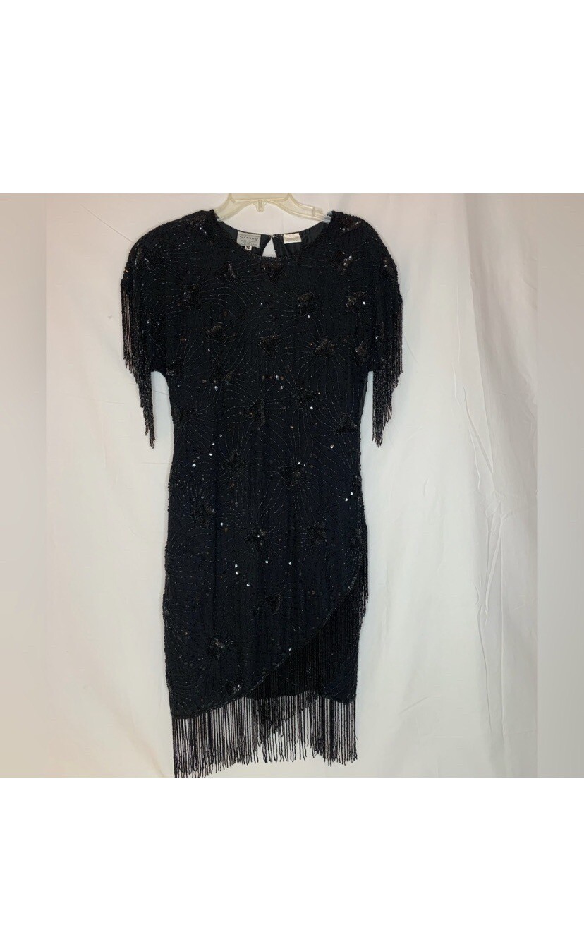 vintage Stenay dress beaded fringed sequined fully lined shoulder pads