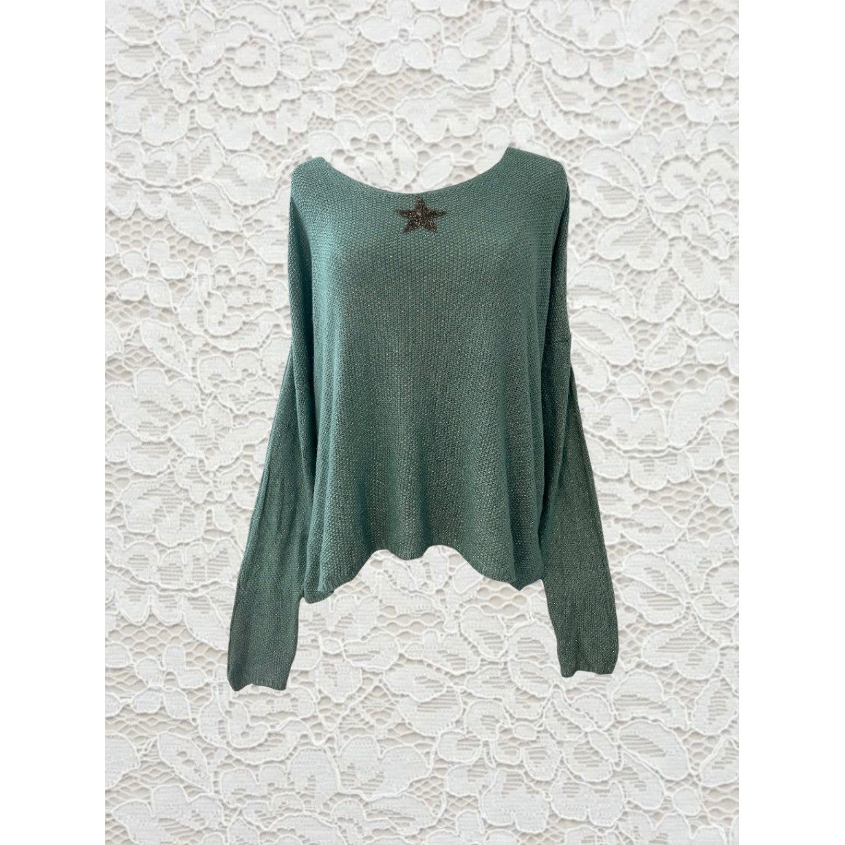 vintage turquoise iridescent fairy mermaid knit long sleeve top with beaded star